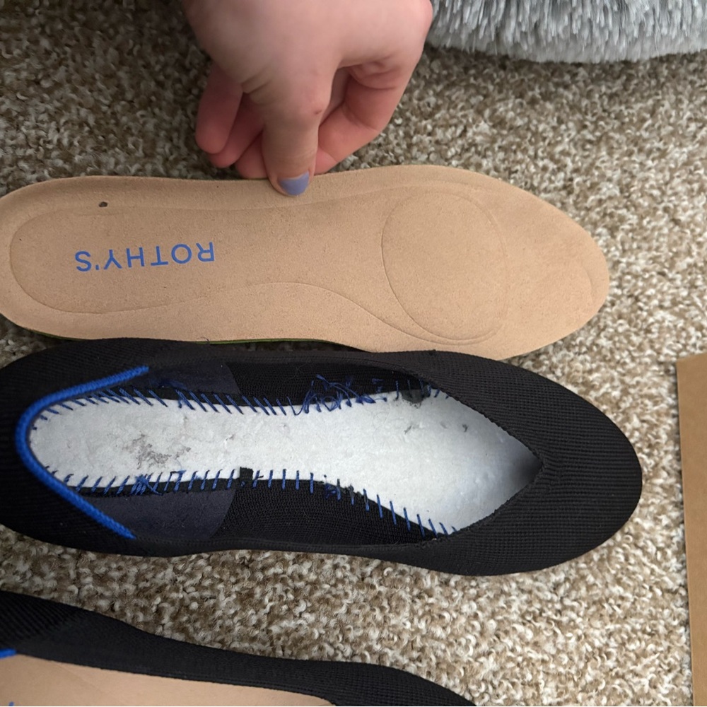 Rothy's The Daily Flat Black Knit Ballet Flats with Blue Heel Trim - Picture 10 of 11